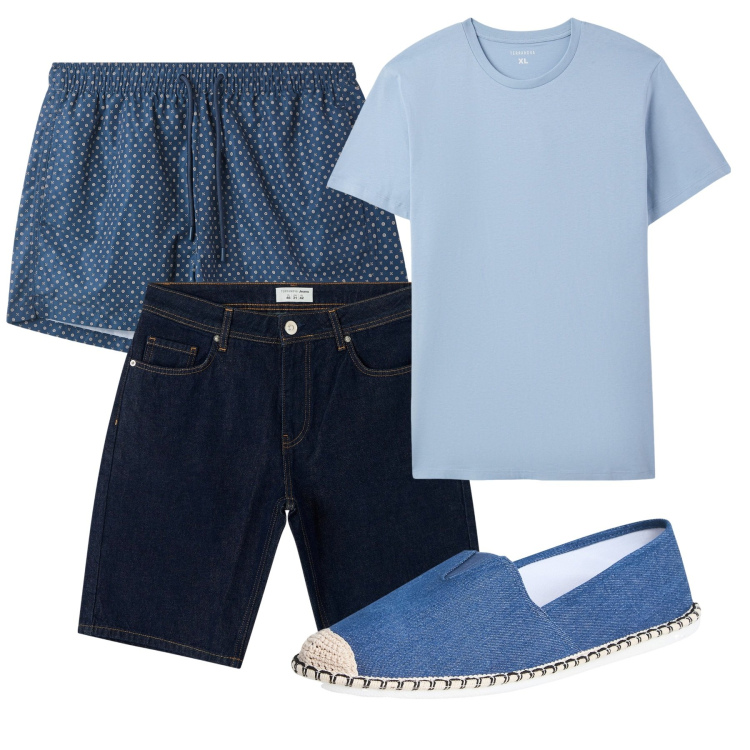 Outfit uomo - Mare. Stile Casual per Tutti i giorni. Abbinamento con bermuda, espadrillas, t-shirt, costumi.