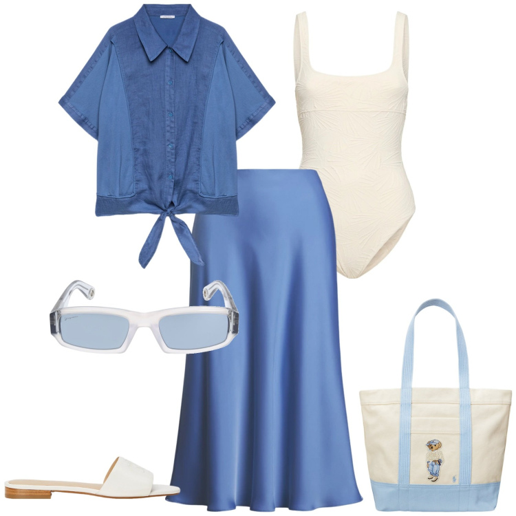 Outfit donna - Total look #2181905. Stile Chic per Mare. Abbinamento con gonne, borse tote, ciabatte, camicie, costumi interi, occhiali da sole.