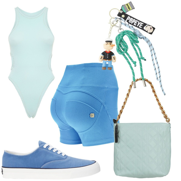 Outfit donna - Total look #2181910. Stile Trendy per Mare. Abbinamento con borse a mano, shorts, sneakers, portachiavi, costumi interi.