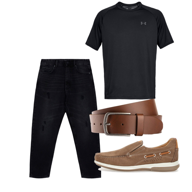 Outfit uomo - Giugno. Stile Casual per Serata speciale. Abbinamento con cinture, jeans strappati, scarpe stringate, t-shirt.
