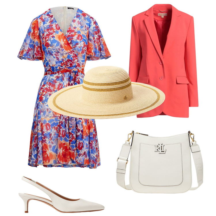 Outfit donna - Abito a fiori e arancione. Stile Basic per Tutti i giorni. Abbinamento con blazer, décolleté, vestiti, borse a tracolla, cappelli.