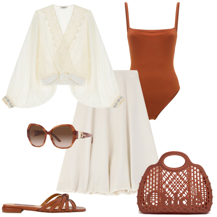Outfit donna - Biho chic in spiaggia. Stile Boho per Mare. Abbinamento con gonne longuette, bluse, occhiali da sole, sandali in pelle, borse a mano, costumi interi.