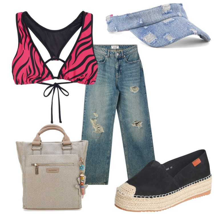 Outfit donna - Total look #2181914. Stile Trendy per Tutti i giorni. Abbinamento con espadrillas, jeans strappati, bikini, cappelli con visiera, zaini.
