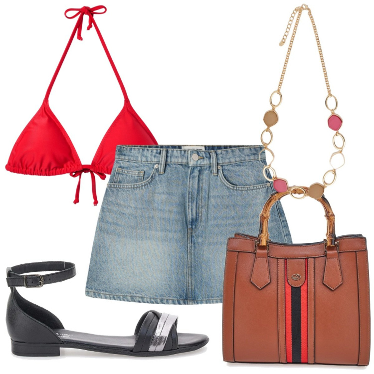 Outfit donna - Total look #2181917. Stile Trendy per Mare. Abbinamento con minigonne, bikini, collane, borse a tracolla, sandali col tacco.