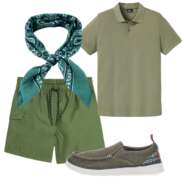 Outfit uomo - Giugno. Stile Casual per Tutti i giorni. Abbinamento con pantaloni corti, polo, sciarpe e foulard, scarpe stringate.