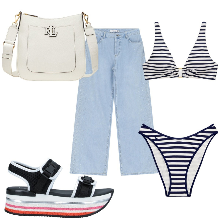 Outfit donna - Total look #2181919. Stile Trendy per Mare. Abbinamento con sandali in pelle, jeans, bikini, borse a tracolla, bikini.