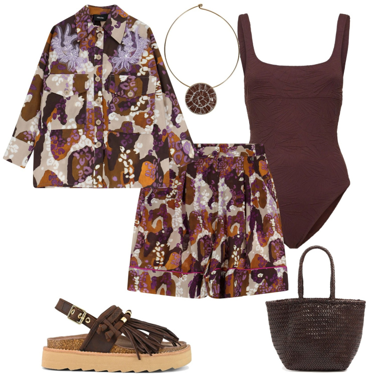 Outfit donna - Biho chic in spiaggia. Stile Etnico per Mare. Abbinamento con collane, bermuda, camicie, sandali, costumi interi, borse a secchiello.