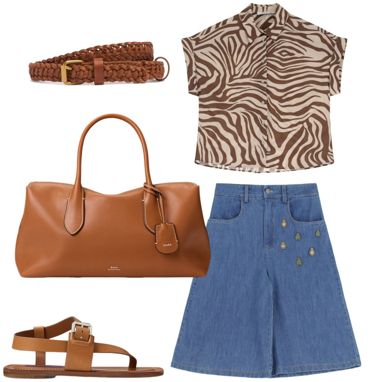 Outfit donna - Jeans e zebrato. Stile Sporty chic per Tutti i giorni. Abbinamento con camicie a manica corta, bermuda, sandali in pelle, borse a mano, cinture.