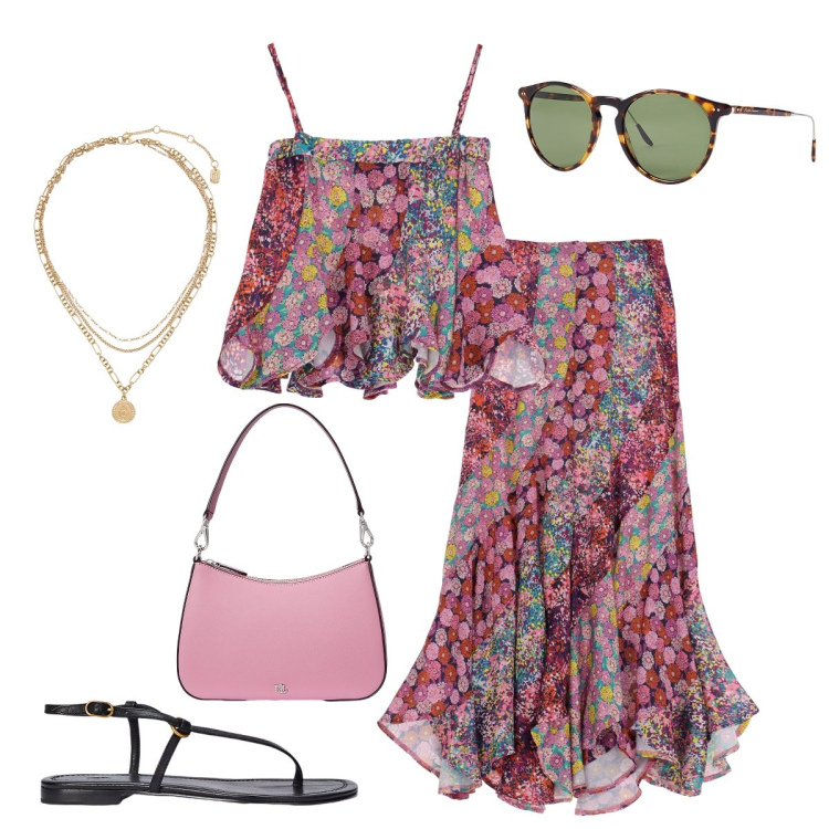 Outfit donna - Libera e leggera. Stile Etnico per Mare. Abbinamento con gonne lunghe, canottiere, ciondoli, occhiali da sole, sandali in pelle, borse a spalla.