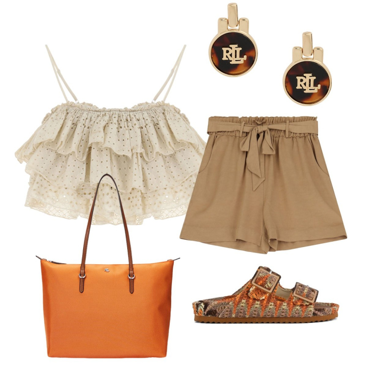 Outfit donna - Il top in pizzo. Stile Glamour per Mare. Abbinamento con orecchini, borse tote, top, shorts, sandali.