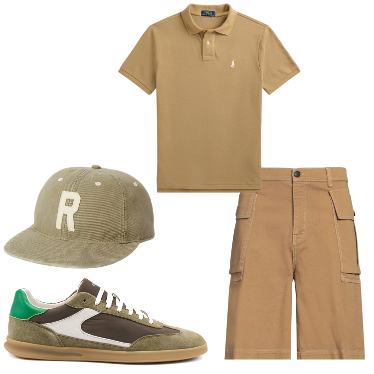 Outfit uomo - Sabbia e bosco. Stile Casual per Tutti i giorni. Abbinamento con shorts, polo, cappelli, sneakers.
