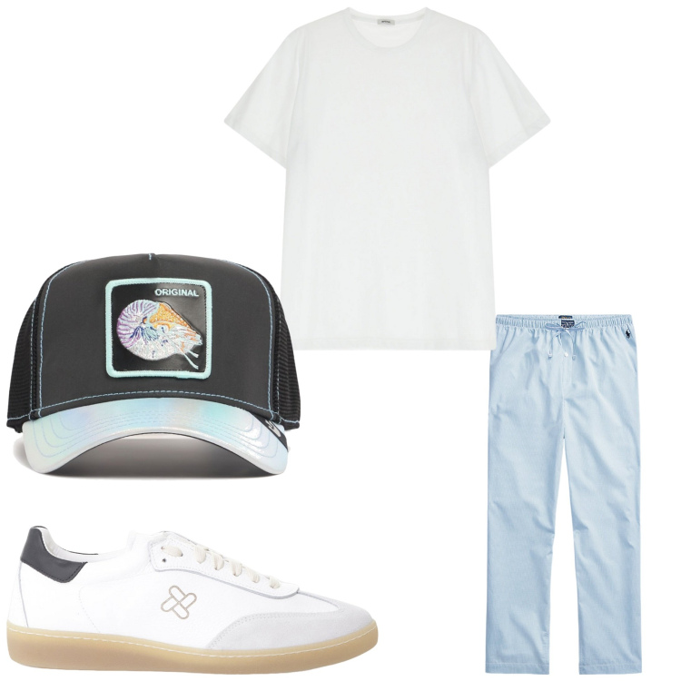 Outfit uomo - Semplice. Stile Casual per Tutti i giorni. Abbinamento con sneakers, t-shirt, pantaloni, cappelli con visiera.