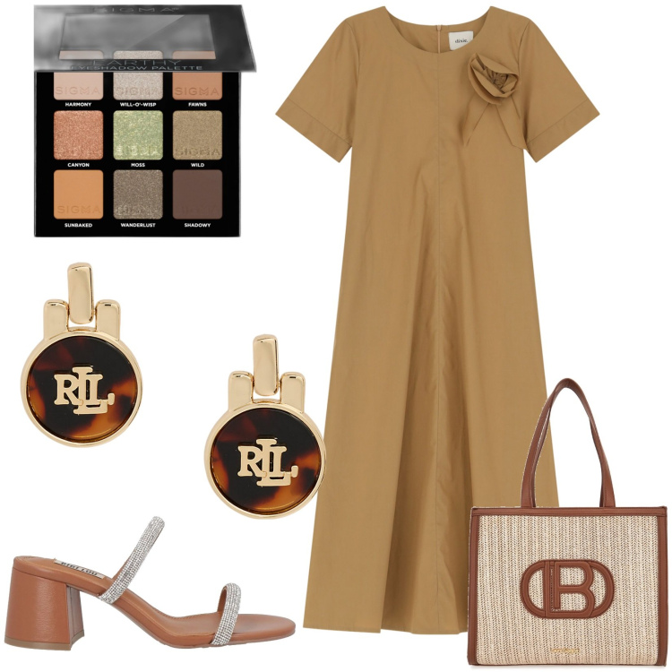 Outfit donna - Il maxi dress color cioccolato. Stile Casual per Tutti i giorni. Abbinamento con sandali in pelle, ombretti, vestiti lunghi, orecchini, borse a spalla.