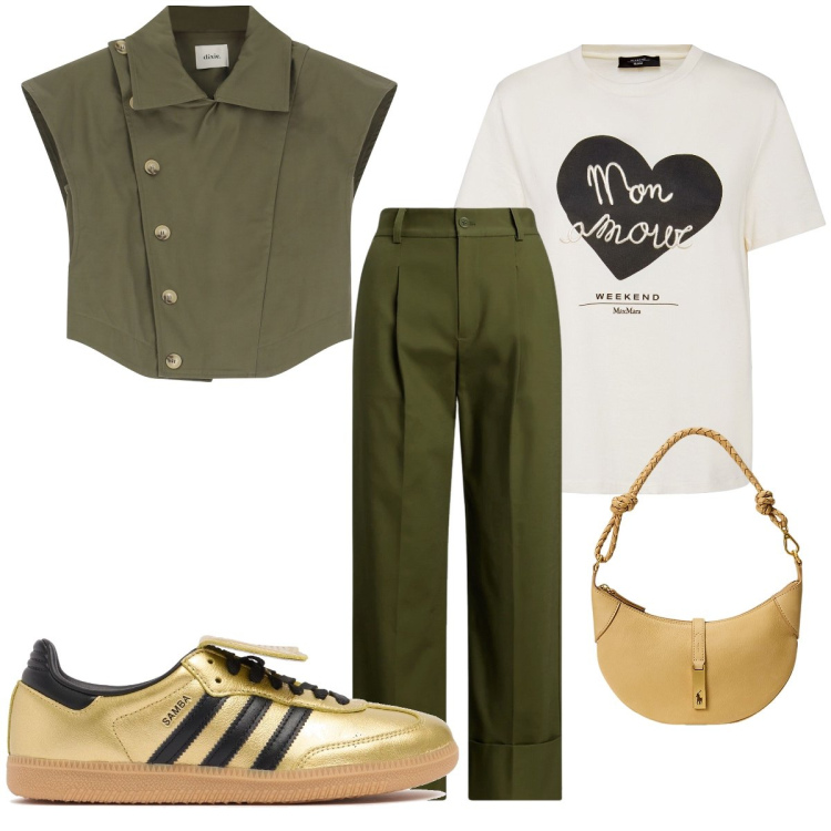 Outfit donna - Total look #2181961. Stile Military per Tutti i giorni. Abbinamento con gilet, borse a spalla, pantaloni, t-shirt, sneakers.