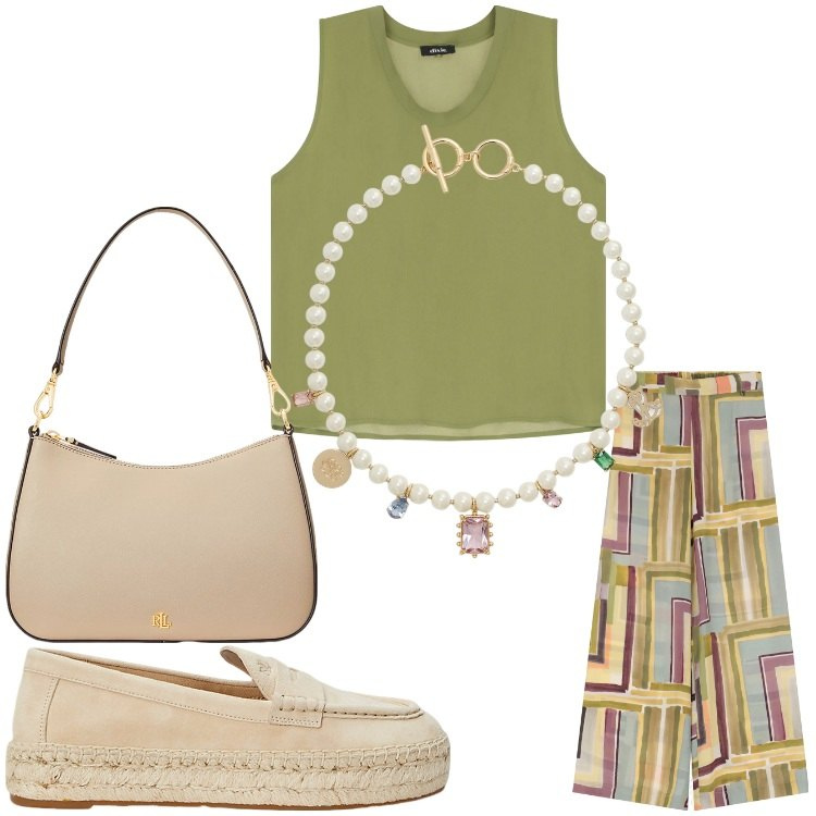 Outfit donna - Geometrie. Stile Boho per Tutti i giorni. Abbinamento con top, pantaloni, borse a spalla, ciondoli, espadrillas.