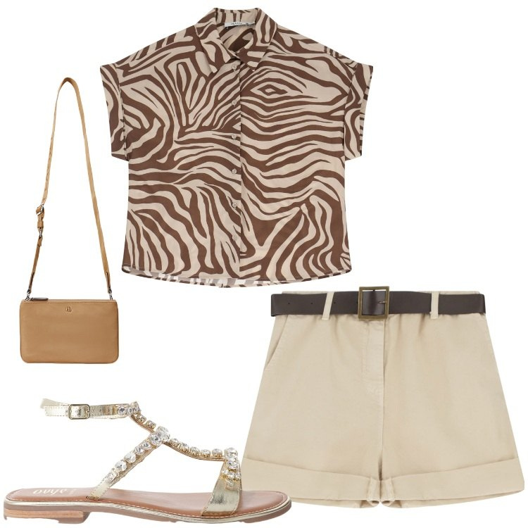 Outfit donna - To the beach. Stile Casual chic per Tutti i giorni. Abbinamento con camicie a manica corta, shorts, sandali, borse a tracolla.