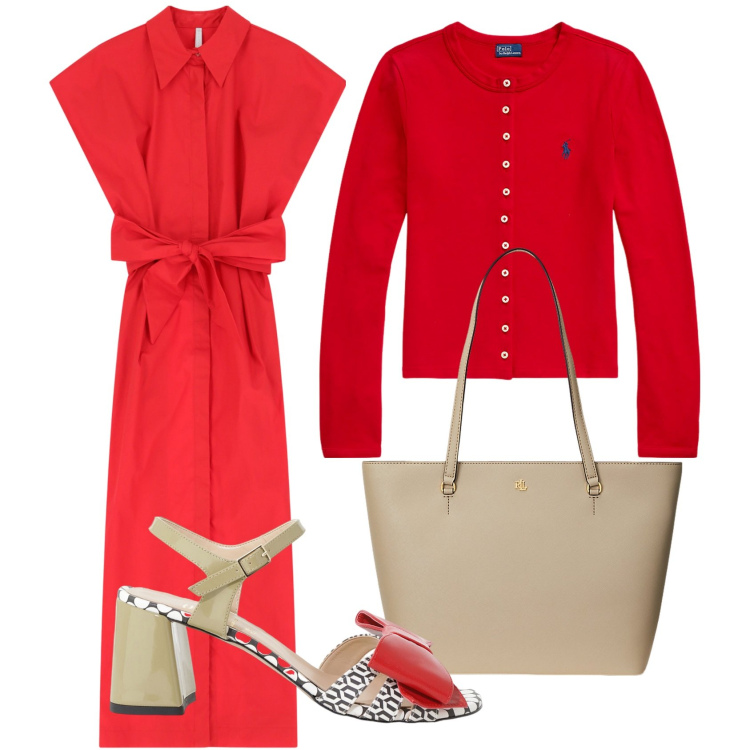 Outfit donna - Rosso cuore. Stile Casual chic per Tutti i giorni. Abbinamento con vestiti lunghi, sandali col tacco, borse tote, cardigans.