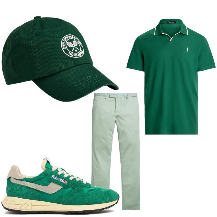 Outfit uomo - Verde summer. Stile Casual per Ufficio. Abbinamento con pantaloni chino, polo, cappelli, sneakers.