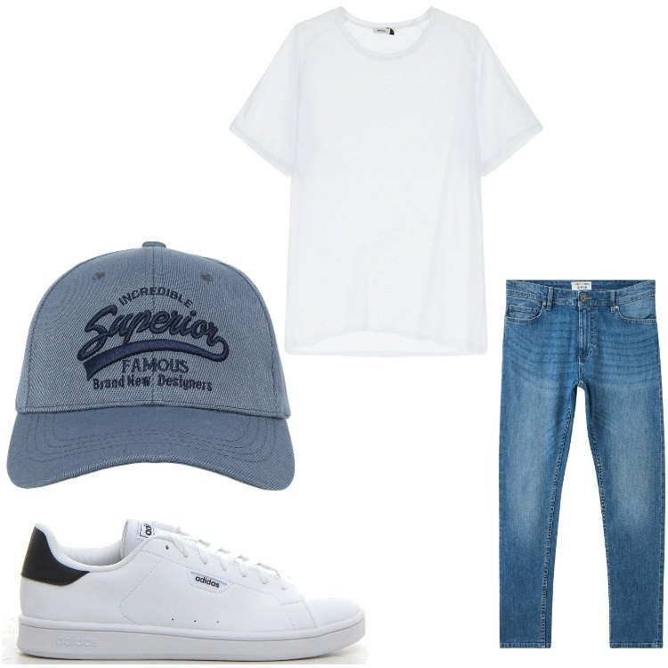Outfit uomo - Bianco e jeans. Stile Casual per Tutti i giorni. Abbinamento con jeans skinny, cappelli con visiera, t-shirt, sneakers.
