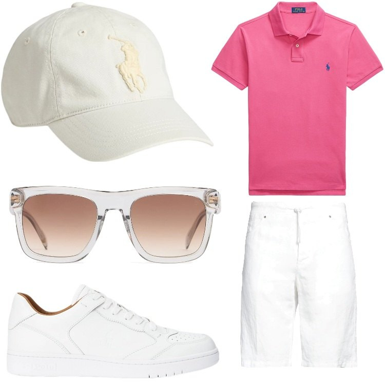 Outfit uomo - Bianco e fucsia. Stile Casual per Tutti i giorni. Abbinamento con shorts, polo, sneakers, cappelli, occhiali da sole.