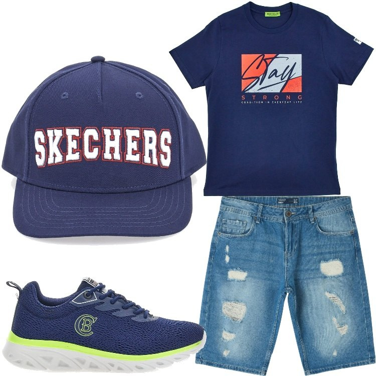 Outfit uomo - Blu e jeans. Stile Casual per Tutti i giorni. Abbinamento con shorts, cappelli, sneakers, t-shirt.