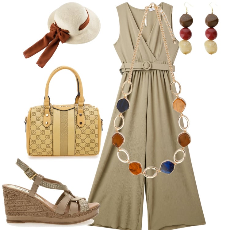 Outfit donna - Total look #2181978. Abbinamento con cappelli, tute, orecchini, collane, borse a spalla, zeppe.