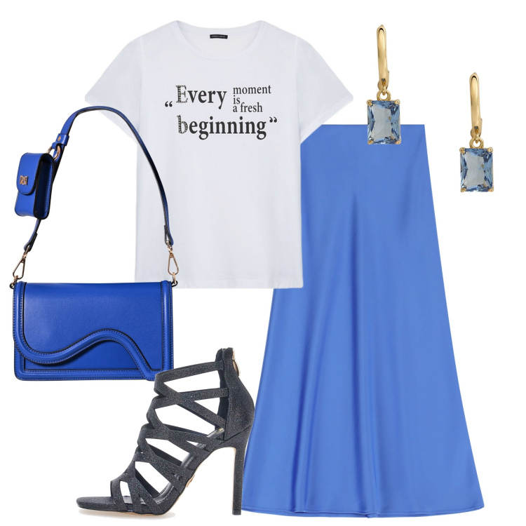Outfit donna - A cena. Stile Casual chic per Serata fuori. Abbinamento con gonne lunghe, pochette, orecchini, t-shirt, sandali col tacco.