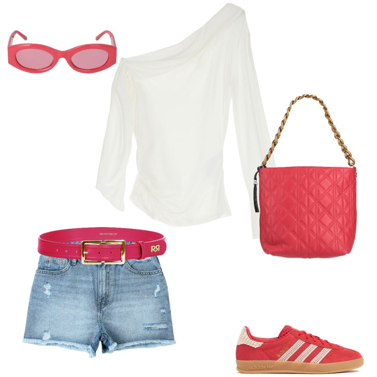 Outfit donna - Estate in rosso. Stile Casual per Tutti i giorni. Abbinamento con borse a mano, shorts, cinture, maglieria, sneakers, occhiali da sole.