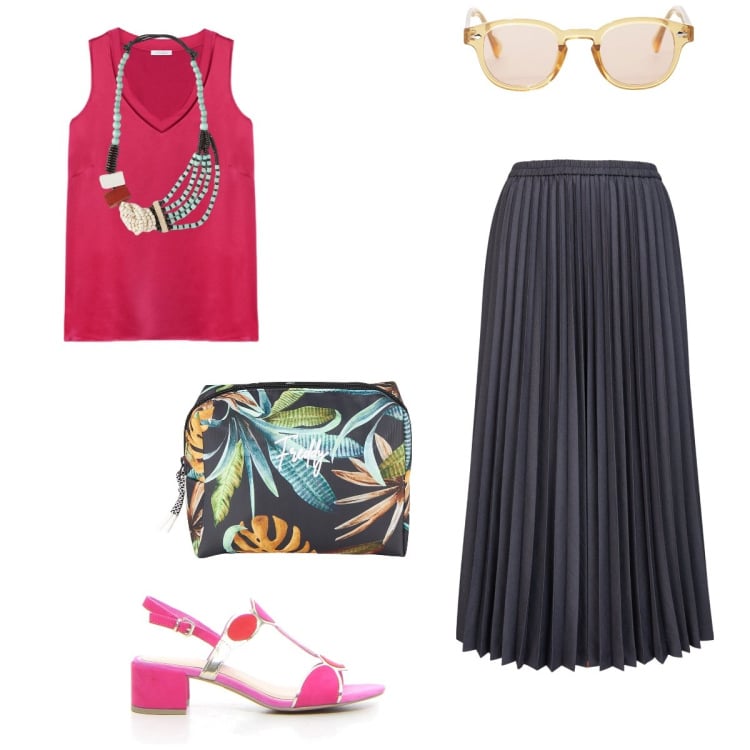 Outfit donna - Gonna lunga e sandali. Stile Casual chic per Tutti i giorni. look ideale per Tall. Abbinamento con occhiali da sole, valigie, top, gonne longuette, sandali col tacco, collane.