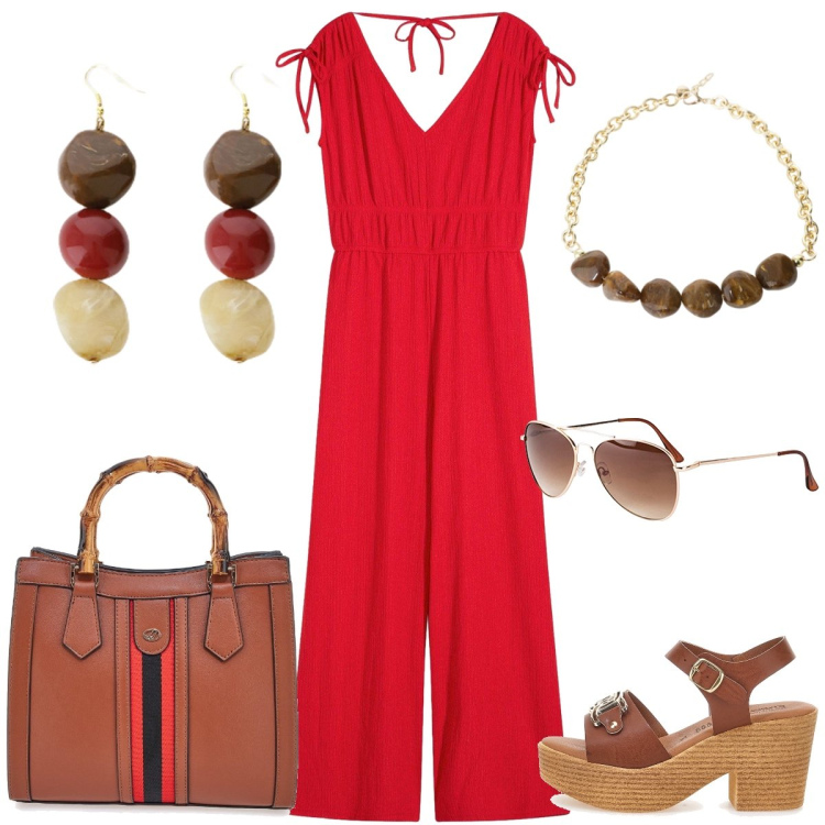 Outfit donna - La tuta rossa. Stile Casual chic per Ufficio. Abbinamento con tute, occhiali da sole, orecchini, collane, sandali col tacco, borse a tracolla.