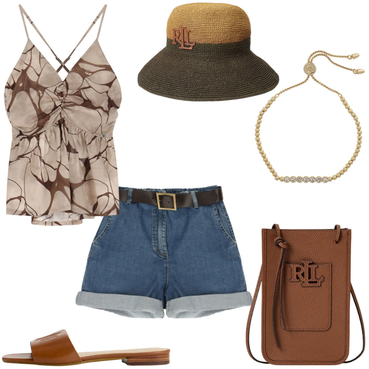 Outfit donna - Estate, Please!. Stile Casual per Tutti i giorni. Abbinamento con bermuda, canottiere, borse a tracolla, cappelli, braccialetti, ciabatte.