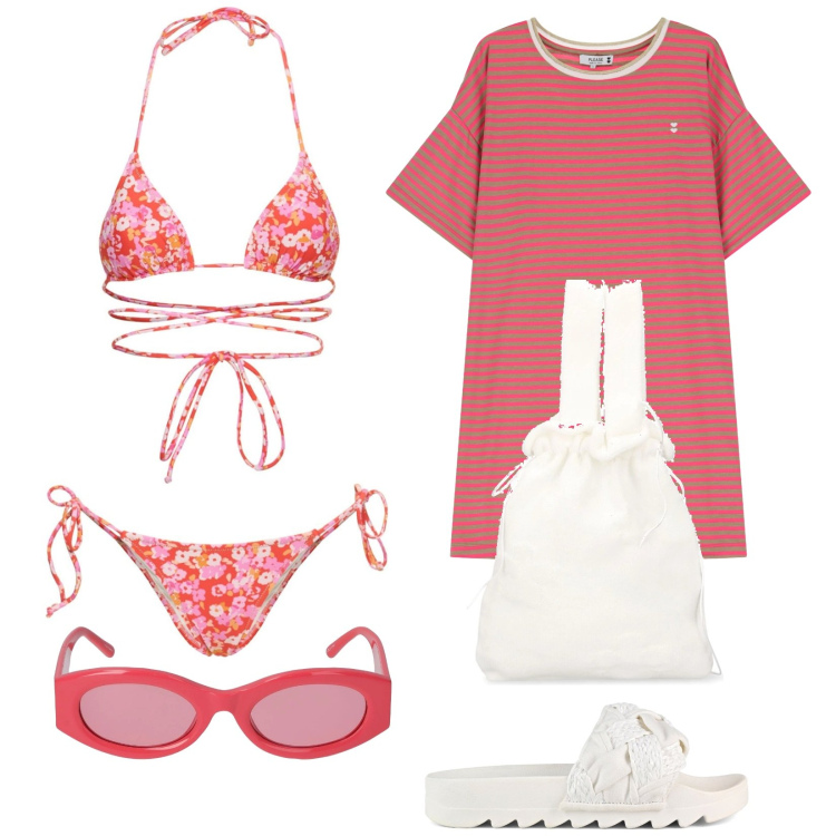 Outfit donna - Total look #2182003. Stile Trendy per Mare. Abbinamento con vestiti corti, ciabatte, bikini, occhiali da sole, borse a mano.