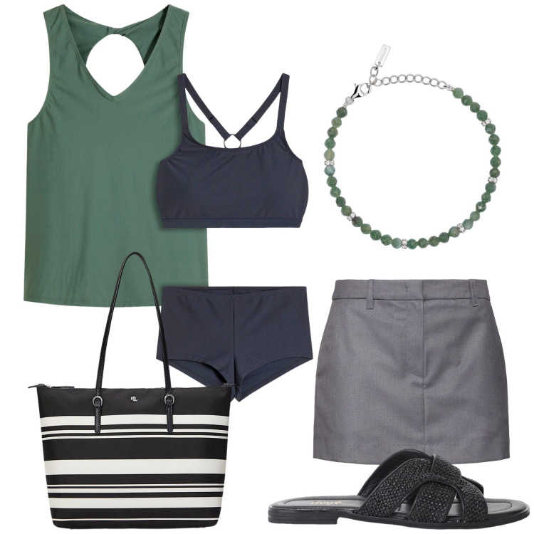 Outfit donna - Tankini. Stile Casual per Mare. Abbinamento con costumi interi, braccialetti, sandali, borse tote, minigonne.