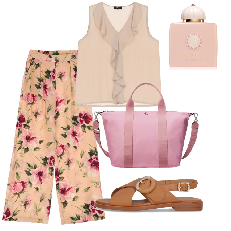 Outfit donna - Rose. Stile Romantica per Tutti i giorni. Abbinamento con profumi, top, pantaloni, borse tote, sandali.