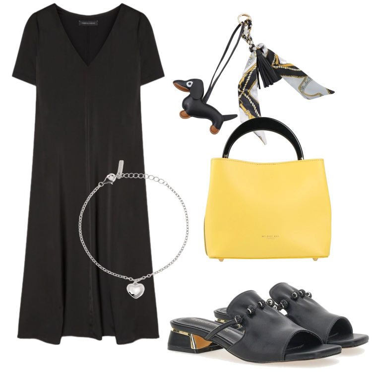 Outfit donna - Total look #2182010. Stile Chic per Serata fuori. Abbinamento con borse a mano, braccialetti con ciondoli, portachiavi, vestiti midi/longuette, ciabatte.
