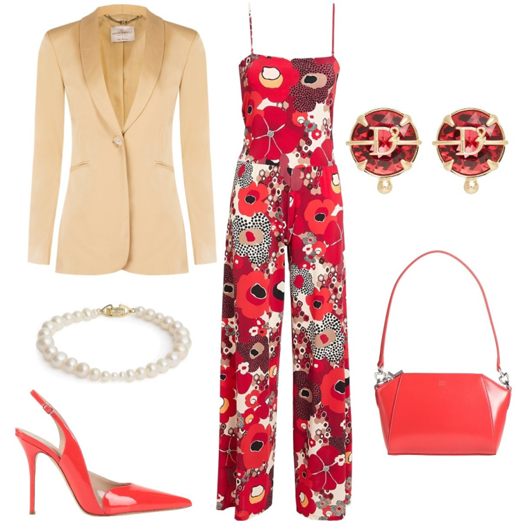 Outfit donna - Cerimonia. Stile Chic per Cerimonia. Abbinamento con tute, décolleté, orecchini, borse a mano, blazer, braccialetti.