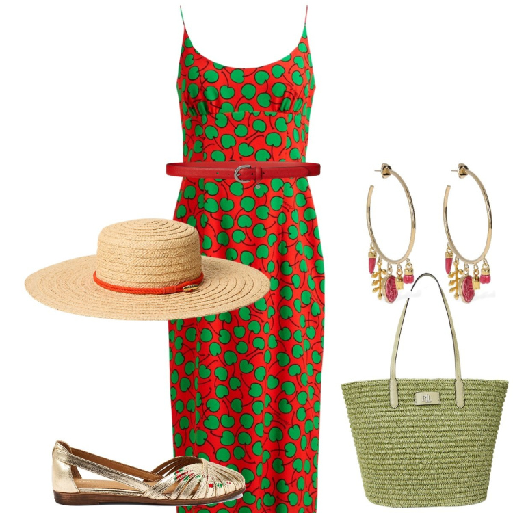 Outfit donna - Protezione solare in capello. Stile Casual chic per Tutti i giorni. Abbinamento con vestiti midi/longuette, cinture, borse tote, cappelli, orecchini, ballerine.