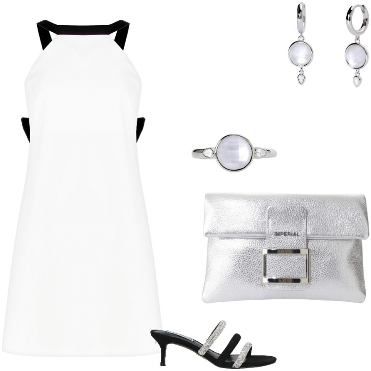 Outfit donna - Party. Stile Glamour per Serata fuori. Abbinamento con sandali col tacco, pochette, orecchini, anelli, vestiti.