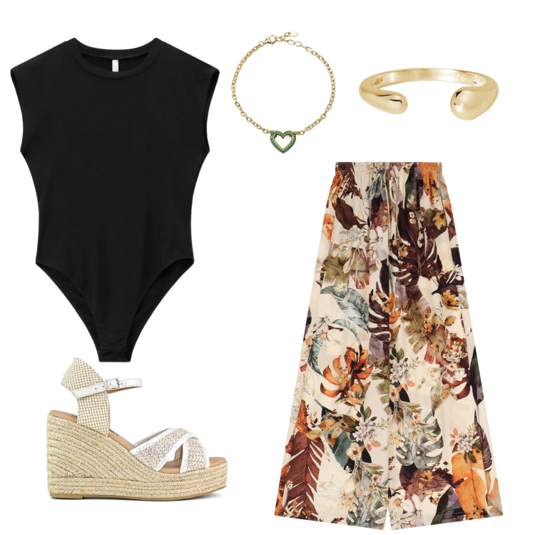 Outfit donna - Tutti i giorni. Stile Casual chic per Tutti i giorni. Abbinamento con braccialetti, anelli, pantaloni a palazzo, top, zeppe.