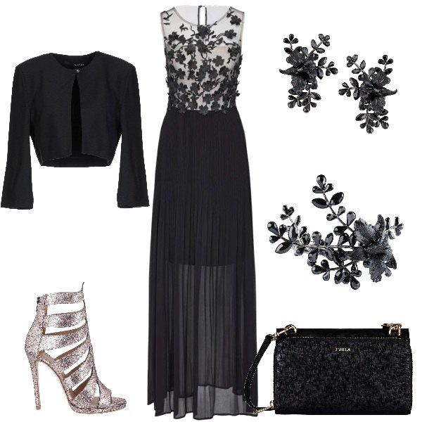 Outfit donna - L\'abito da sogno. Stile Chic per Serata fuori. Abbinamento con bracciale con strass, sandali pelle con stampa effetto laminato open toe tinta unita, blazer, borsa a tracolla mini con zip tinta unita, orecchini con strass a clip, vestito elegante nero.