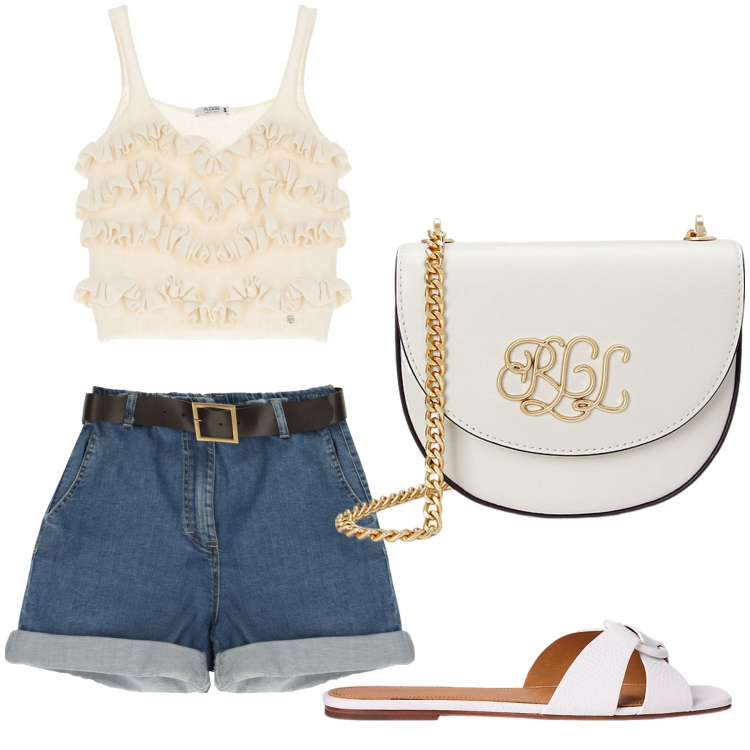 Outfit donna - Aperitivo. Stile Trendy per Tutti i giorni. Abbinamento con bermuda, top, borse a tracolla, sandali in pelle.