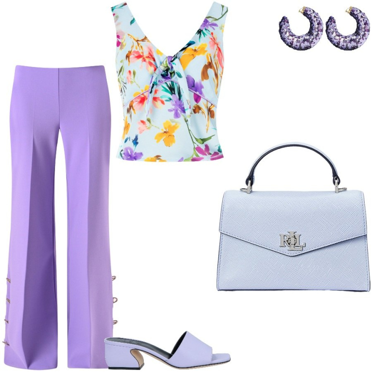 Outfit donna - Al compleanno di un amica. Stile Chic per Serata fuori. Abbinamento con sandali in pelle, pantaloni a palazzo, top, borse a mano, orecchini.