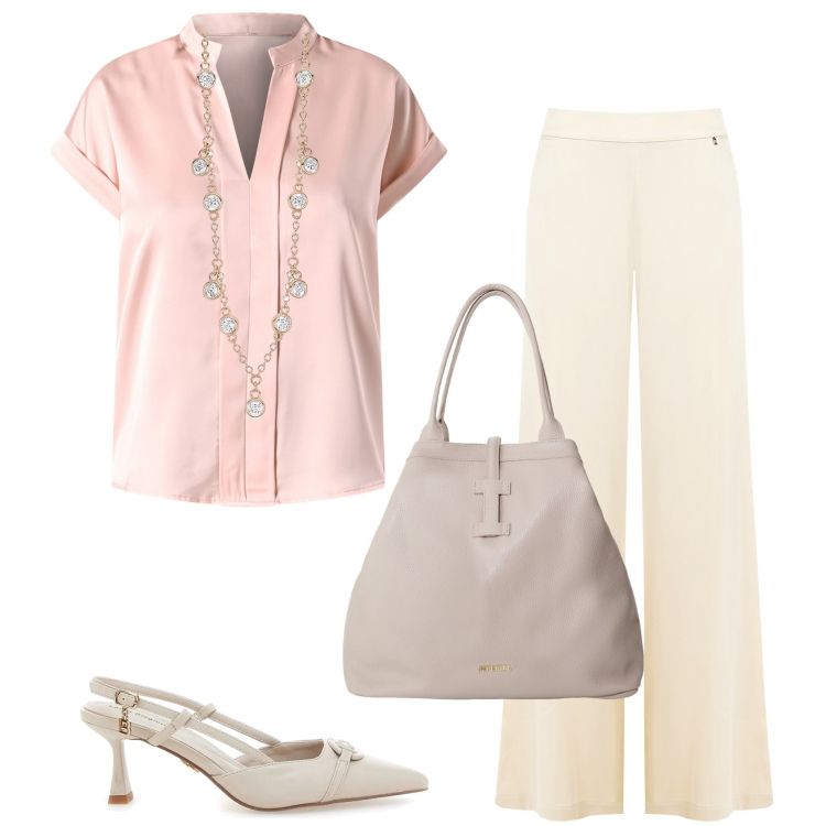 Outfit donna - Appuntamento di lavoro. Stile Chic per Ufficio. Abbinamento con collane, bluse, pantaloni a palazzo, borse tote, décolleté.
