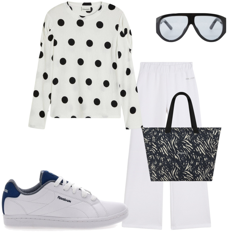 Outfit donna - Maglia a pois. Stile Basic per Tutti i giorni. Abbinamento con maglieria, occhiali da sole, shopping bag, pantaloni, sneakers.