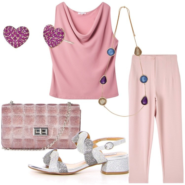 Outfit donna - Coordinati leggeri e chic. Stile Romantica per Cerimonia. Abbinamento con pantaloni chino, canottiere, borse a tracolla, orecchini, sandali col tacco, collane.