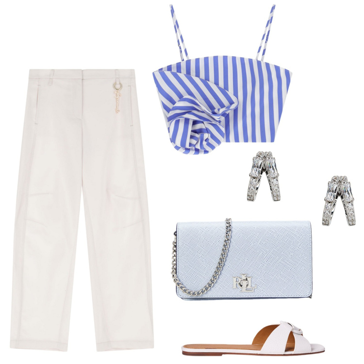 Outfit donna - Il top è top. Stile Casual chic per Serata fuori. Abbinamento con canottiere, pantaloni, orecchini, sandali in pelle, borse a tracolla.