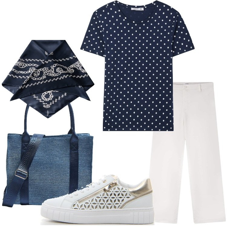 Outfit donna - Giugno a pois - @danipoetessa73. Stile Casual per Scuola/Università. Abbinamento con t-shirt, pantaloni, shopping bag, sneakers, foulard.