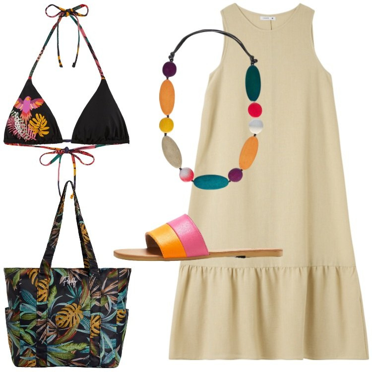 Outfit donna - Maxi Summer Dress. Stile Etnico per Mare. Abbinamento con ciabatte, vestiti lunghi, shopping bag, bikini, collane.