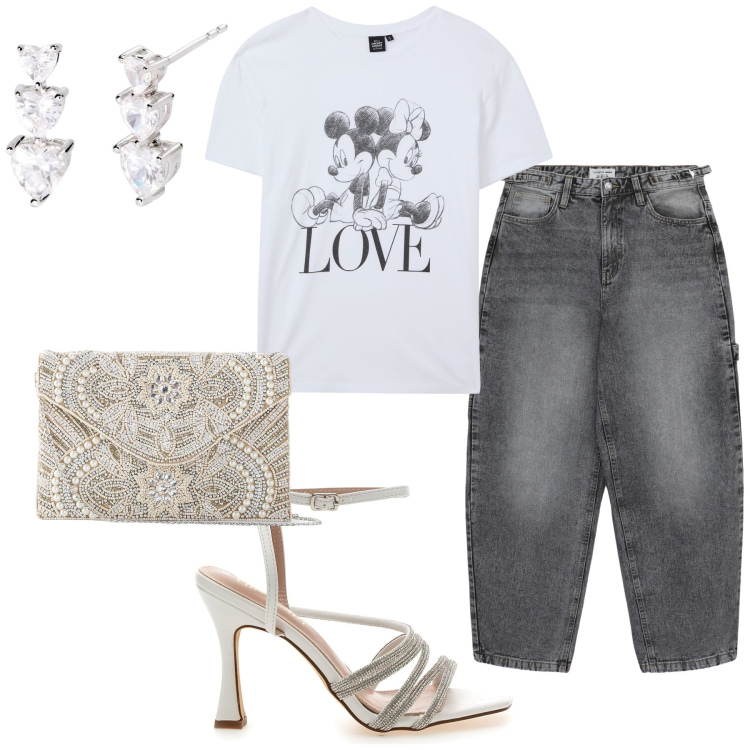 Outfit donna - Jeans e accessori gioiello per la sera. Stile Glamour per Serata fuori. Abbinamento con pochette, jeans, t-shirt, orecchini, sandali gioiello.