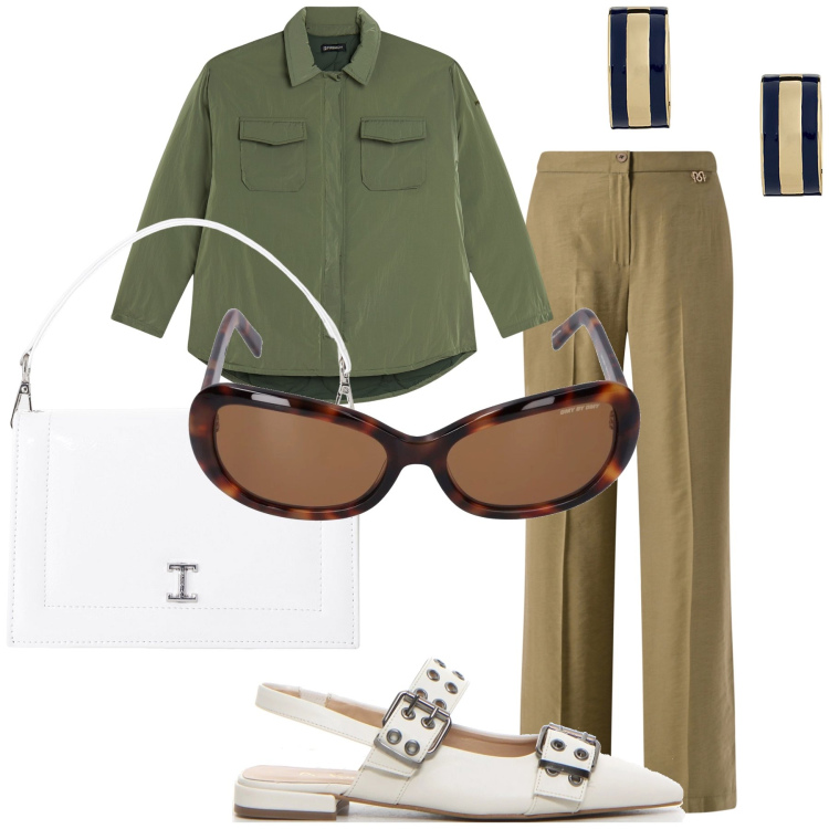 Outfit donna - Impeccabile ufficio. Stile Urban per Ufficio. Abbinamento con borse a tracolla, pantaloni, camicie, orecchini, décolleté, occhiali da sole.